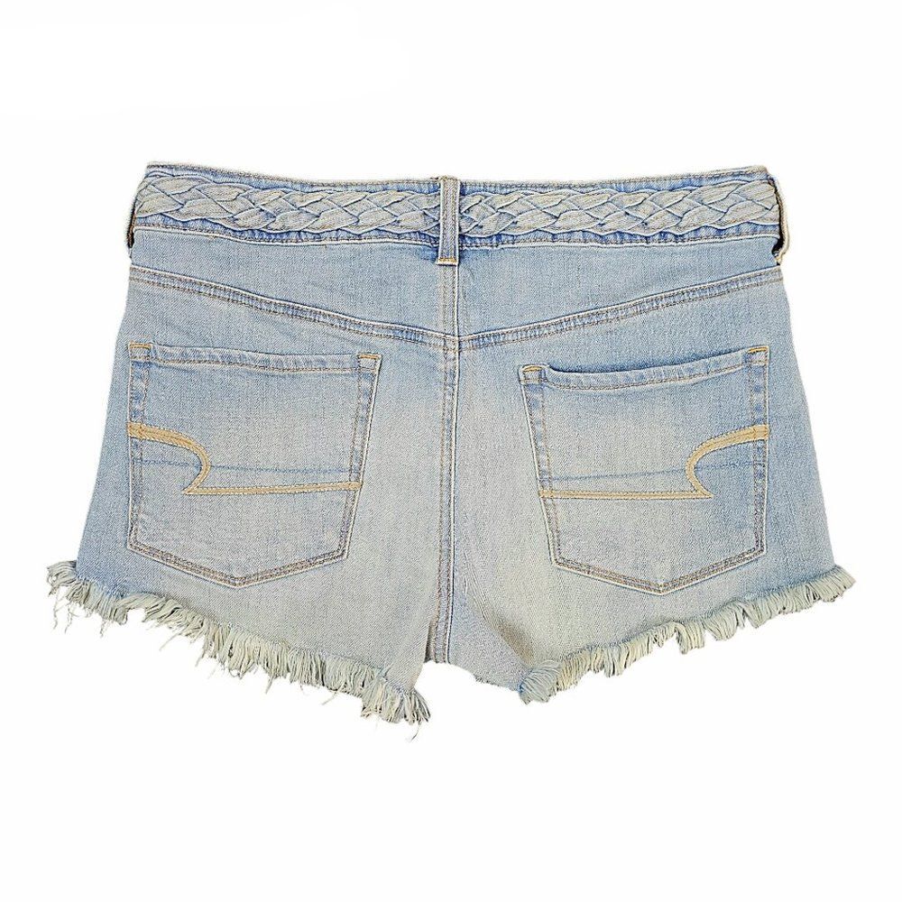 American Eagle Braid Detail Hi-Rise Shortie Denim Distressed Raw Hem Size 10 - Picture 2 of 5